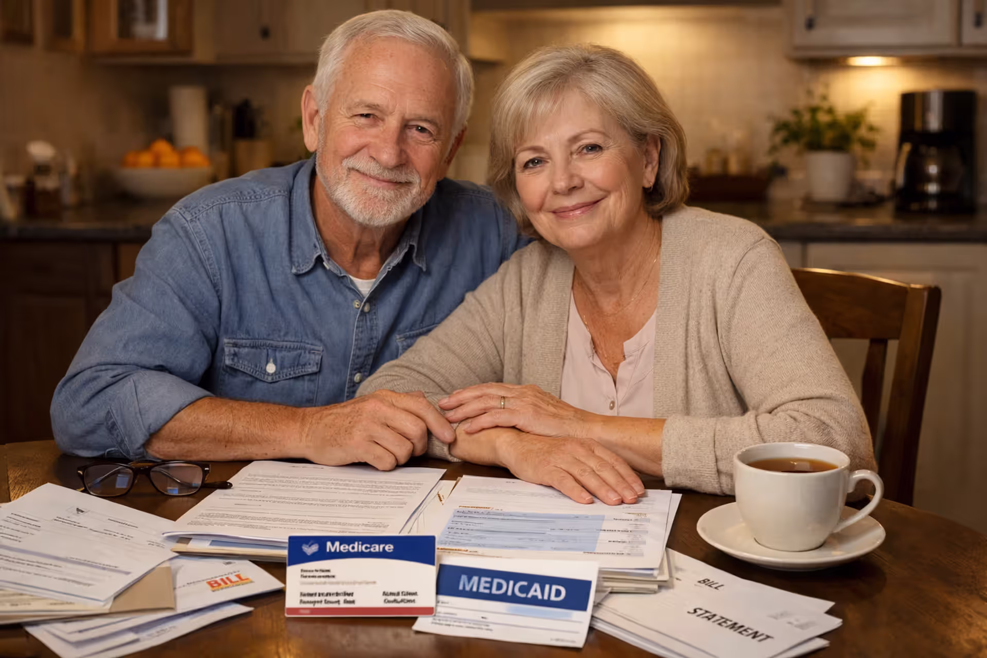 Elderly couple reviewing Medicare and Medicaid cards and medical documents at kitchen table with relieved expressions