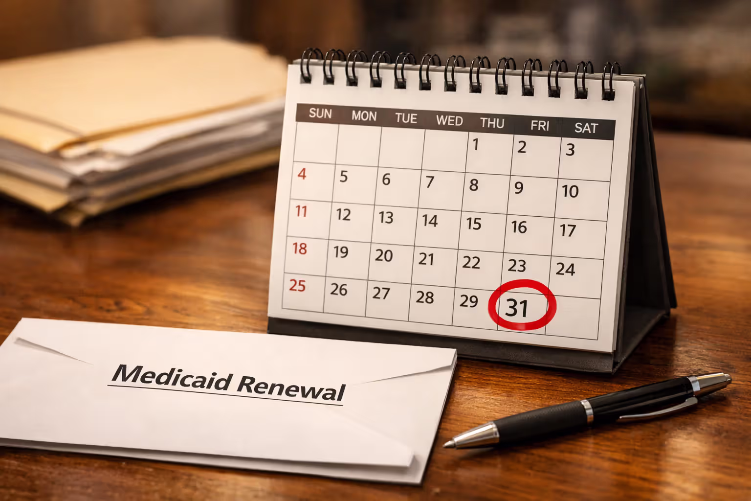Desk calendar with circled renewal deadline date next to Medicaid renewal envelope and pen