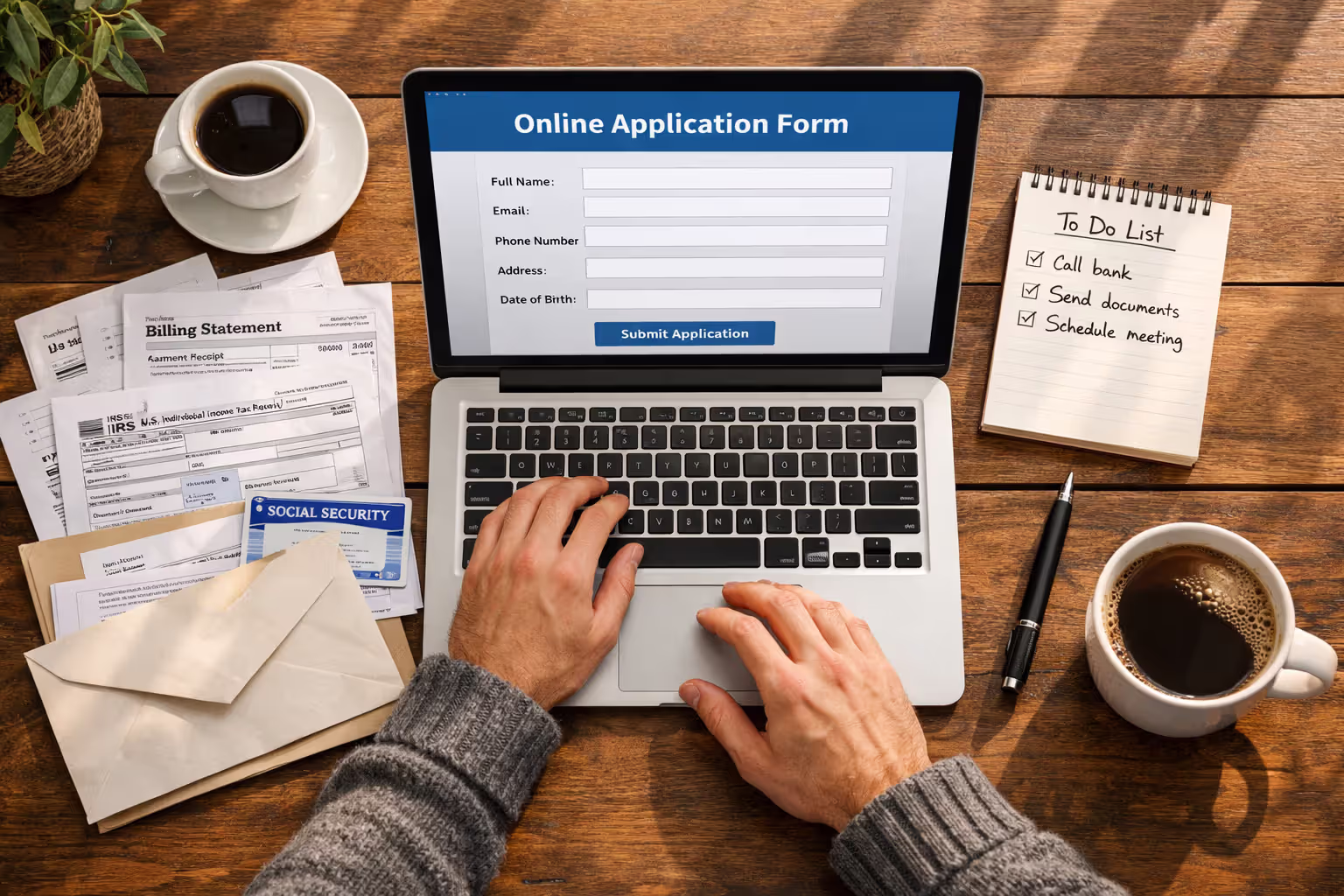 Top view of person filling out online CHIP application on laptop at home desk with pay stubs, tax return, Social Security card, and documents nearby
