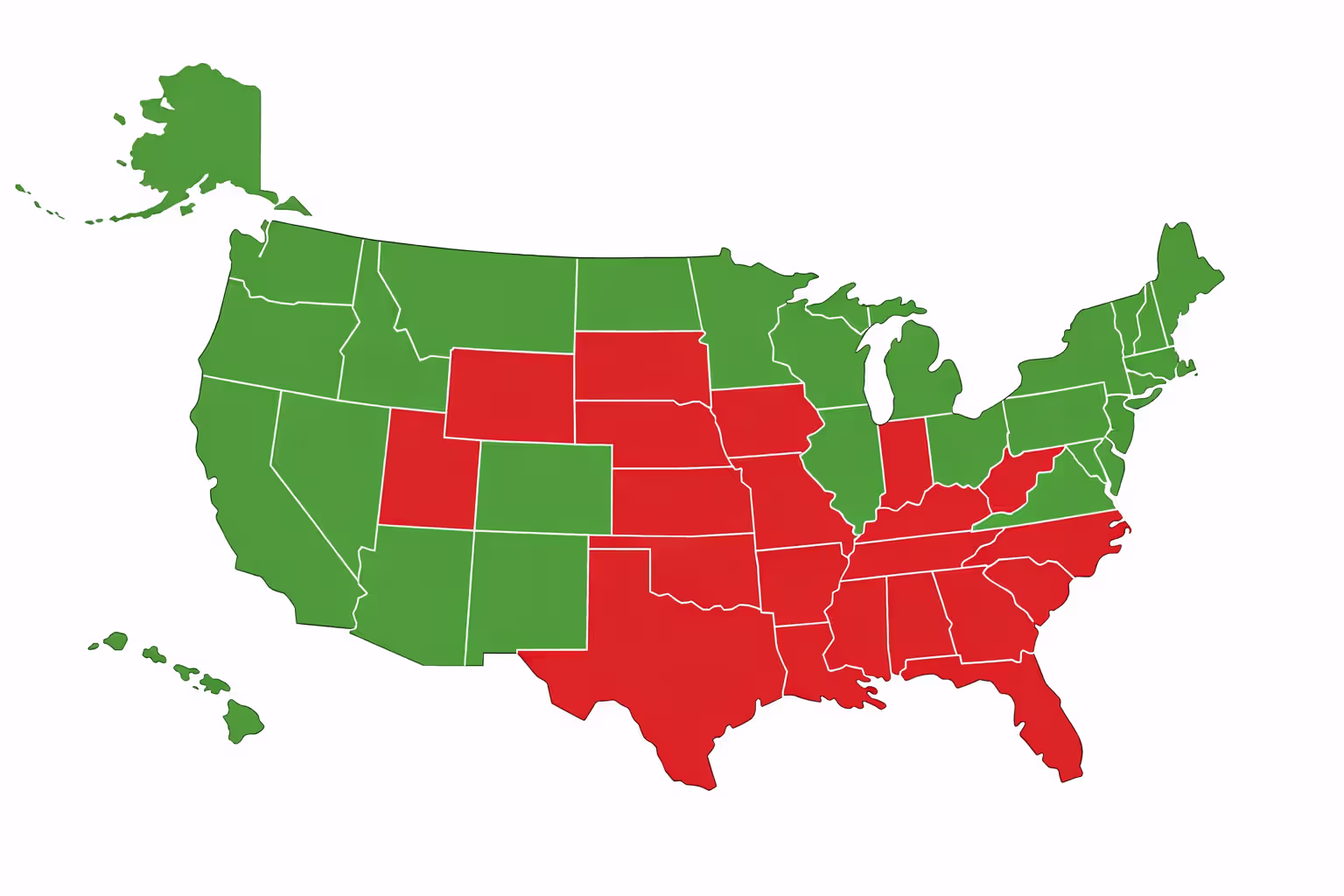 Infographic map of United States with Medicaid expansion states in green and non-expansion states in red